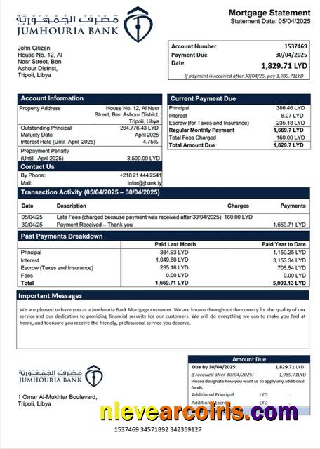 Libya Jumhouria Bank mortgage statement Word and PDF template